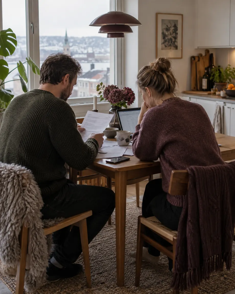 Familie som går gjennom hverdagsutgifter ved kjøkkenbordet
