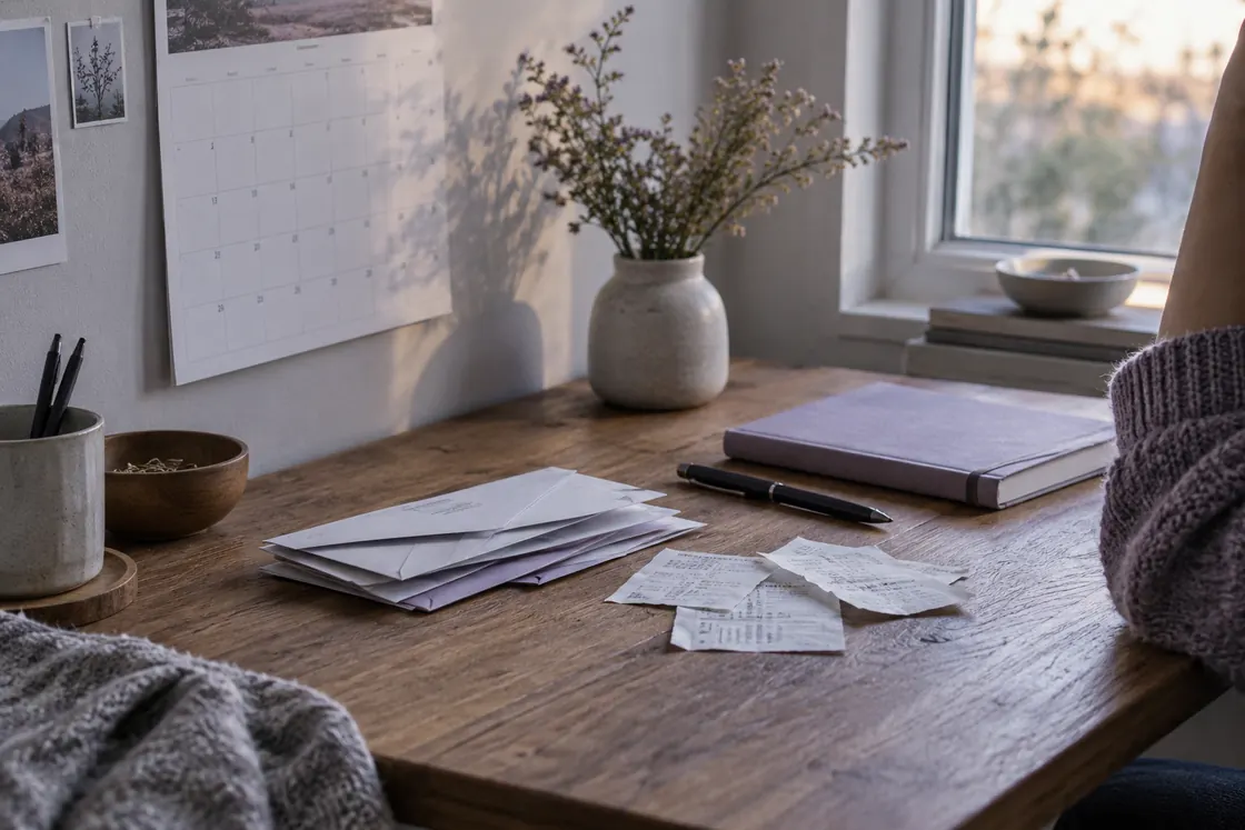 Hjemlig skrivebord med kalender og oversikt over kommende regninger